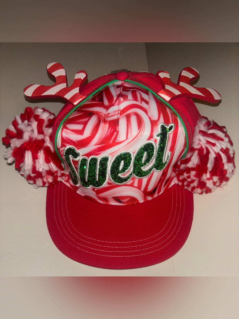 New Sweet Holiday Red Candy Cane  Pom-Pom Reindeer Ears Hat Cap